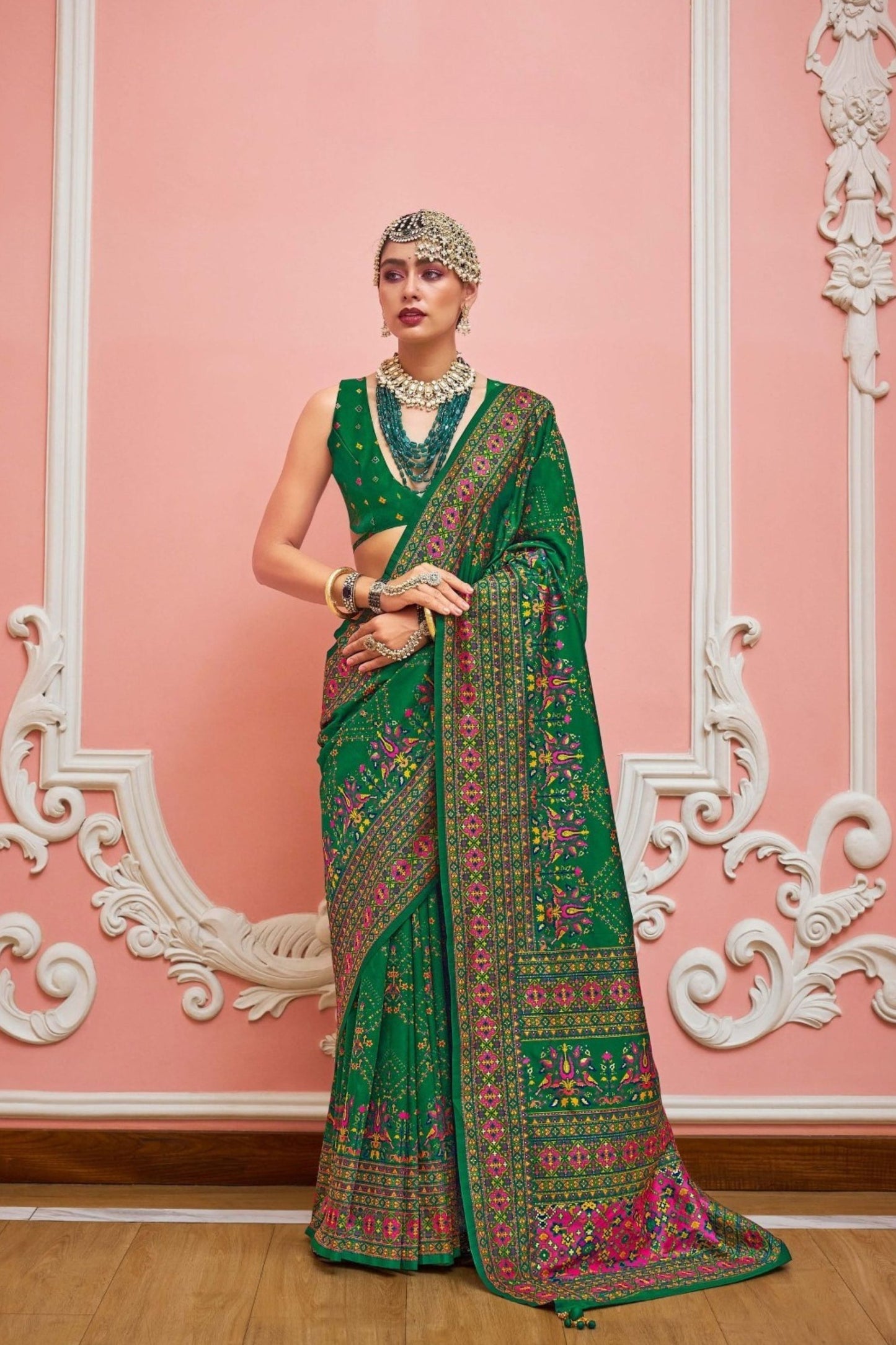 Elegant Green Patola Printed Silk Saree Matching Blouse Festive Wear