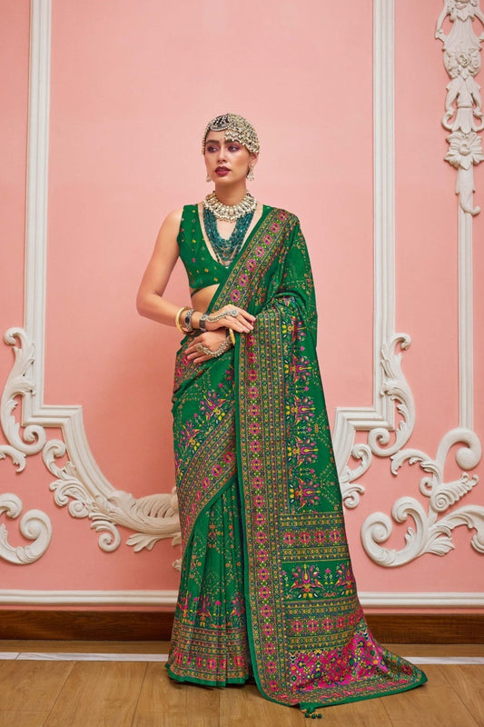 Elegant Green Patola Printed Silk Saree Matching Blouse Festive Wear