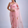 Pink Organza Saree with Floral Embroidery Border Designer Saree