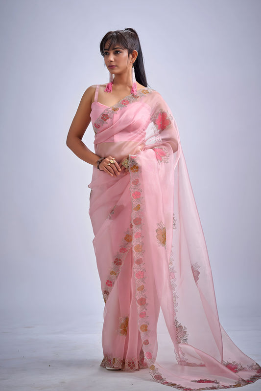 Pink Organza Saree with Floral Embroidery Border Designer Saree