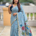 Sky Blue Linen Silk Saree with Multicolor Floral Print Woven Border