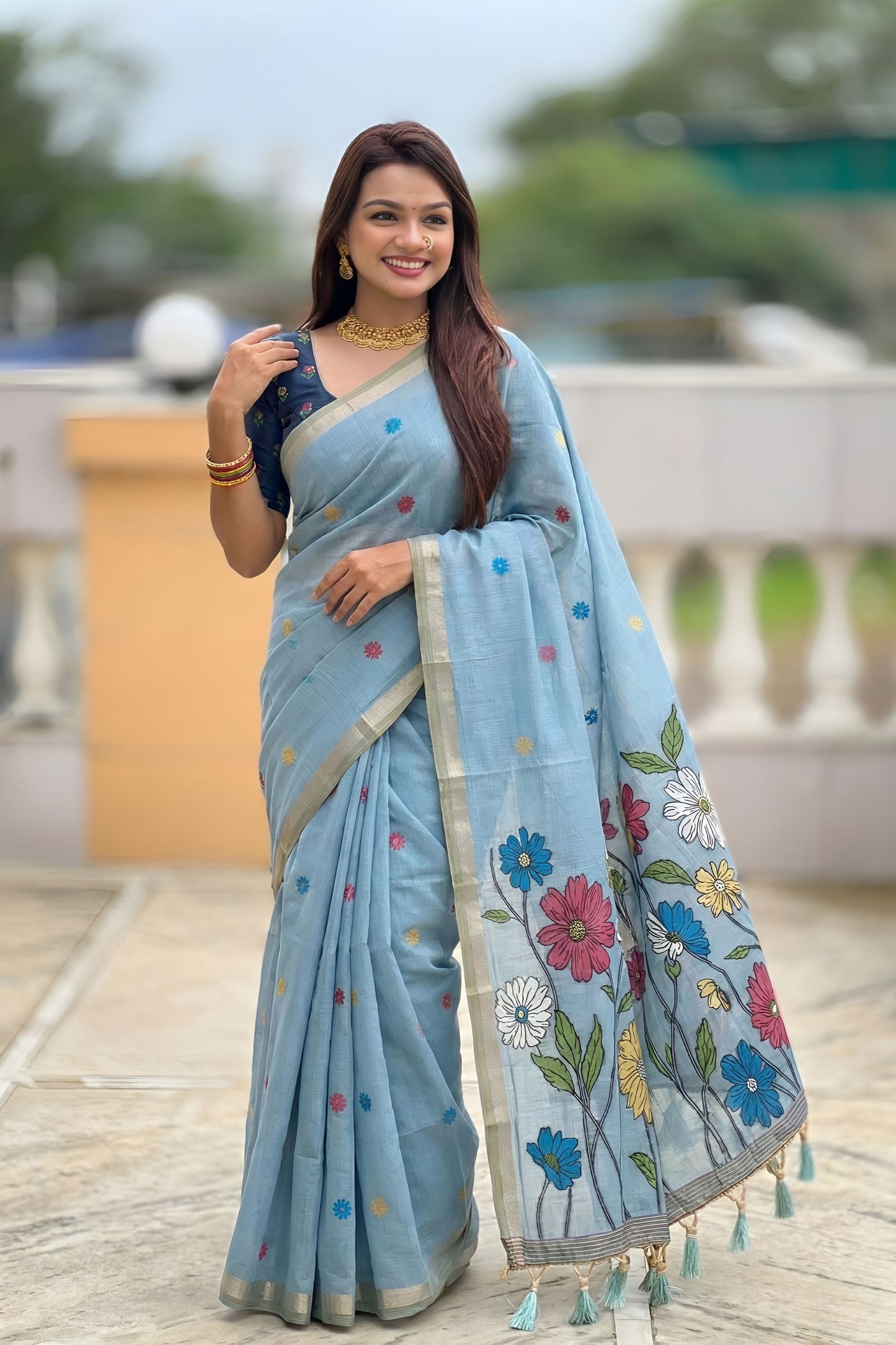Sky Blue Linen Silk Saree with Multicolor Floral Print Woven Border