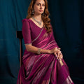 Wine Purple Satin Silk Saree with Metallic Zari Designer Party Wear