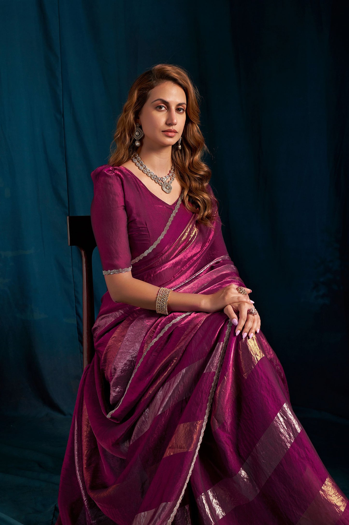 Wine Purple Satin Silk Saree with Metallic Zari Designer Party Wear