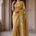 Mustard Printed Linen Silk Saree with Floral Design