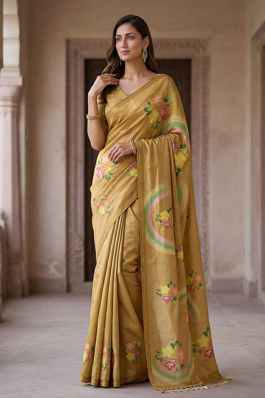 Mustard Printed Linen Silk Saree with Floral Design