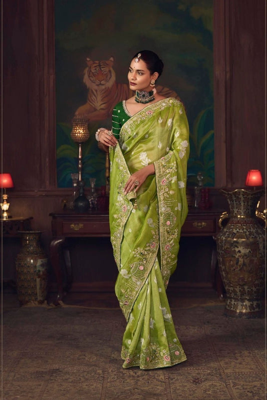 Olive Green Silk Saree with Designer Green Blouse
