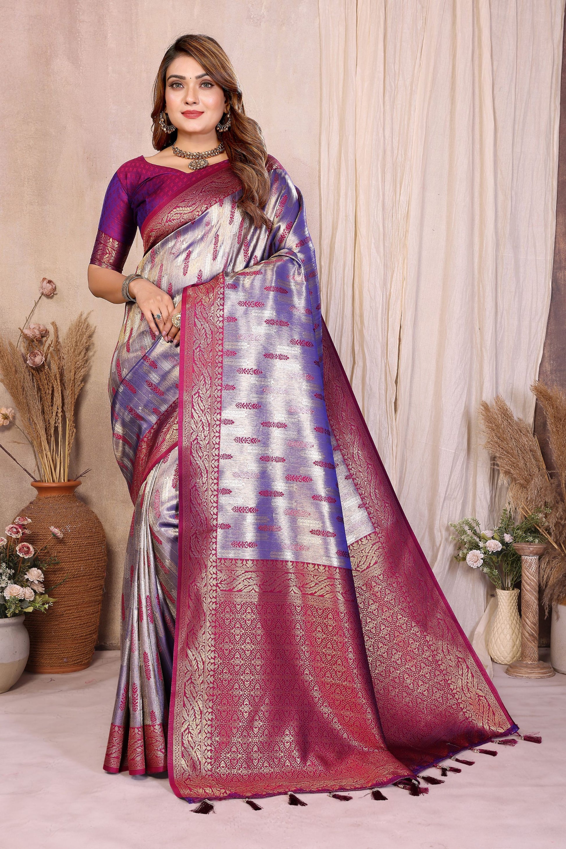 Silver Purple Banarasi Silk Saree with Rich Zari Weaving and Contrast Pallu 