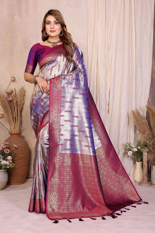 Silver Purple Banarasi Silk Saree with Rich Zari Weaving and Contrast Pallu 