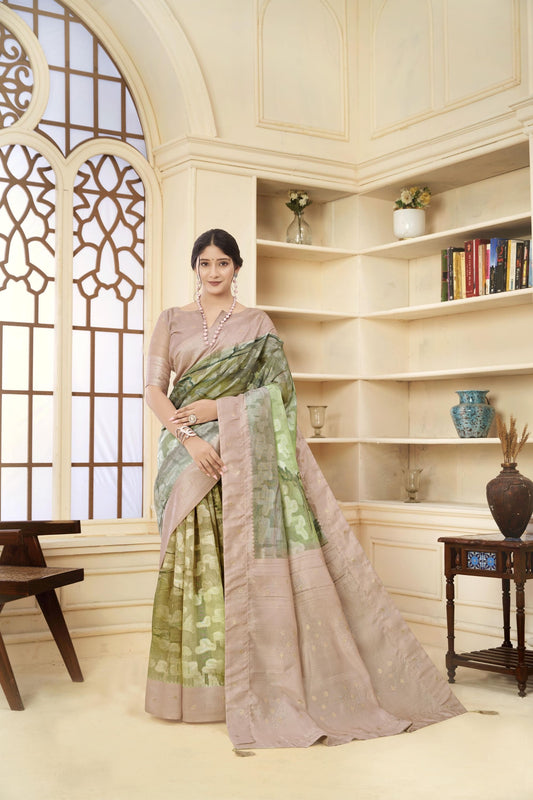 Dusty Beige and Olive Green Floral Printed Linen Silk Saree with Zari Accents