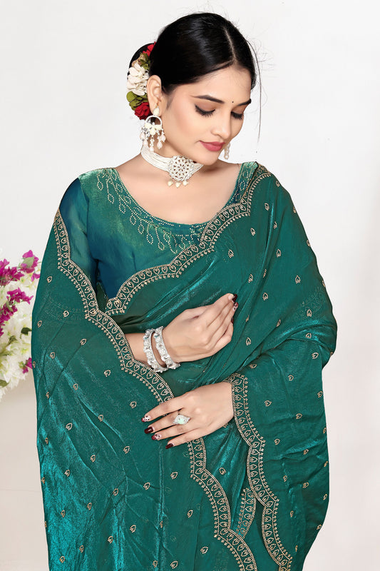 Green Silk Saree Zari Embroidered Border Buti  Designer with Blouse
