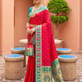 Red Silk Saree Green Gold Zari Woven Border Peacock Motifs Saree