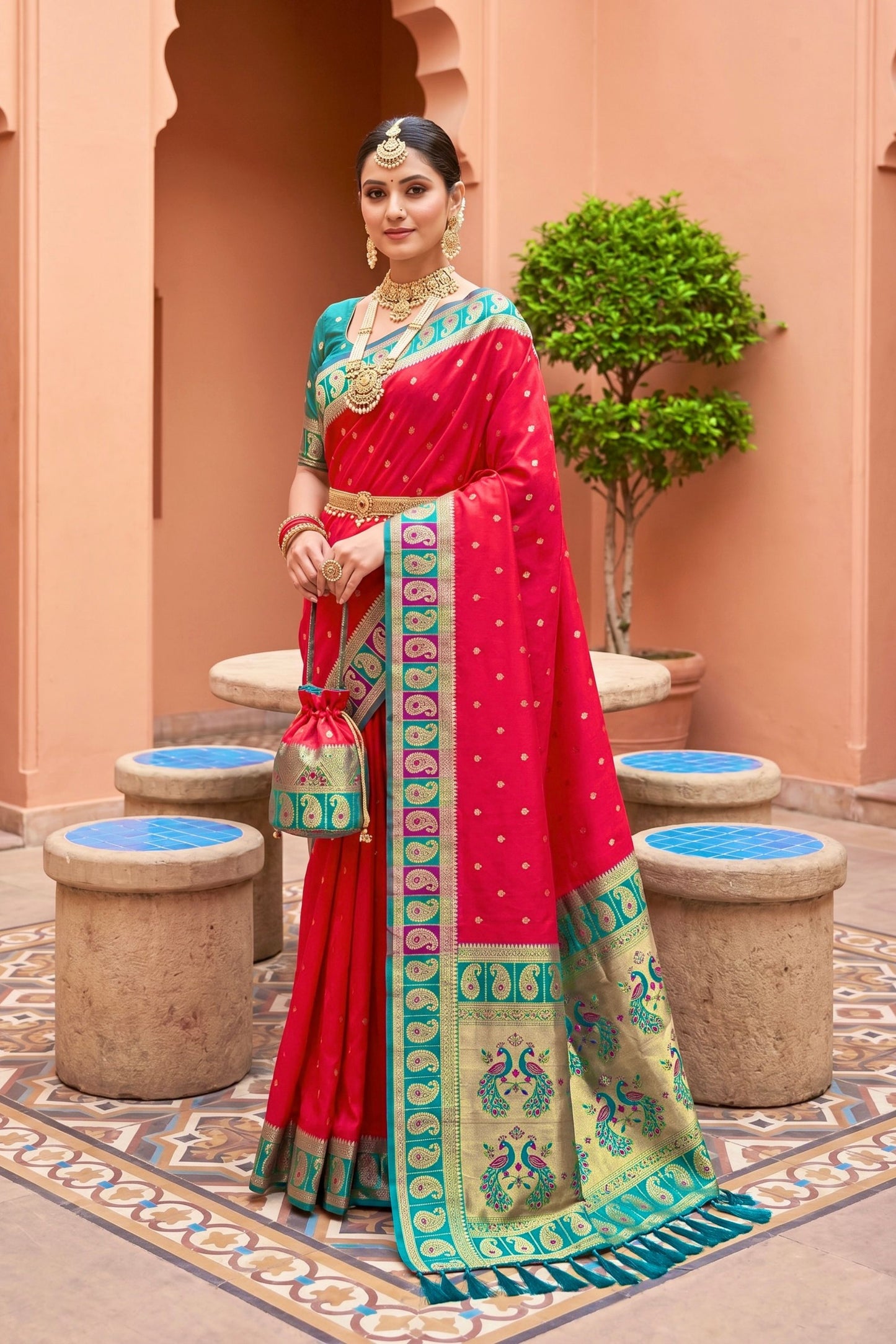 Red Silk Saree Green Gold Zari Woven Border Peacock Motifs Saree
