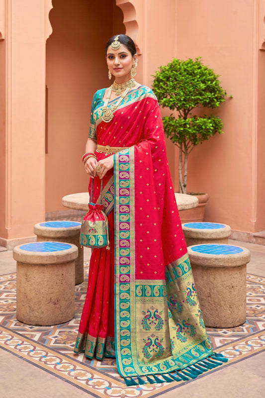 Red Silk Saree Green Gold Zari Woven Border Peacock Motifs Saree