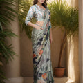 Green Satin Floral Print Saree with Designer Blouse Party Wear