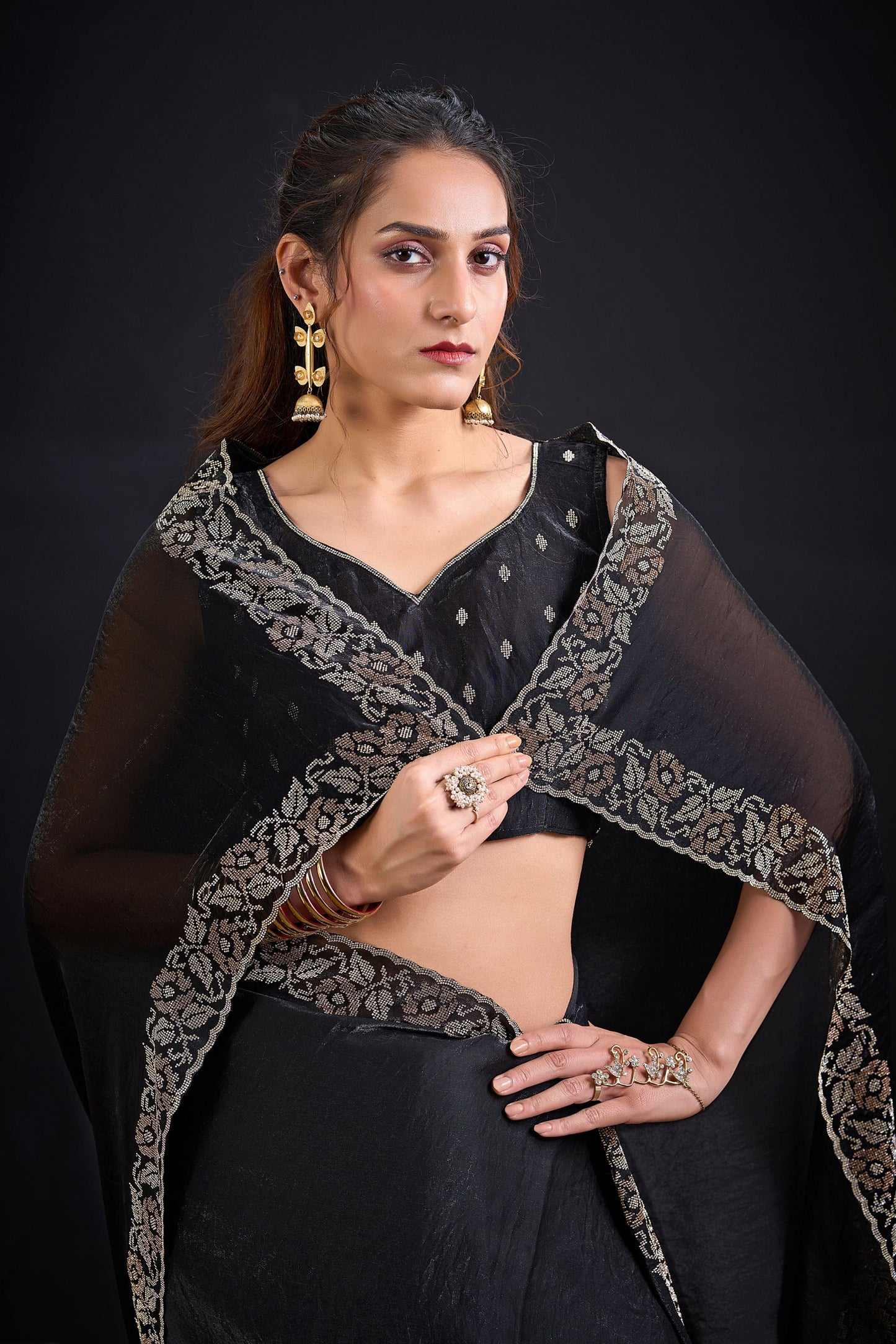 Black Silk Saree Antique Silver Zari Border Party Wear Saree