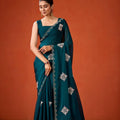 Dark Teal Embroidered Georgette Saree Floral Motifs Designer Border