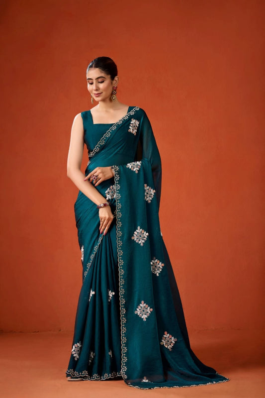 Dark Teal Embroidered Georgette Saree Floral Motifs Designer Border
