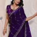 Royal Purple Silk Saree Golden Zari Embroidery Border Matching Blouse