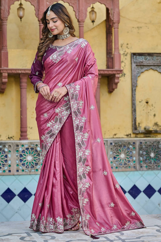 Designer Pink Silk Saree with Heavy Embroidered Border