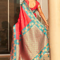 Coral Red Silk Saree Teal Green Contrast Border Floral Zari Work
