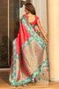 Coral Red Silk Saree Teal Green Contrast Border Floral Zari Work