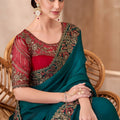 Teal Green Georgette Saree Heavy Embroidered Border Red Blouse