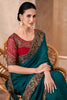Teal Green Georgette Saree Heavy Embroidered Border Red Blouse