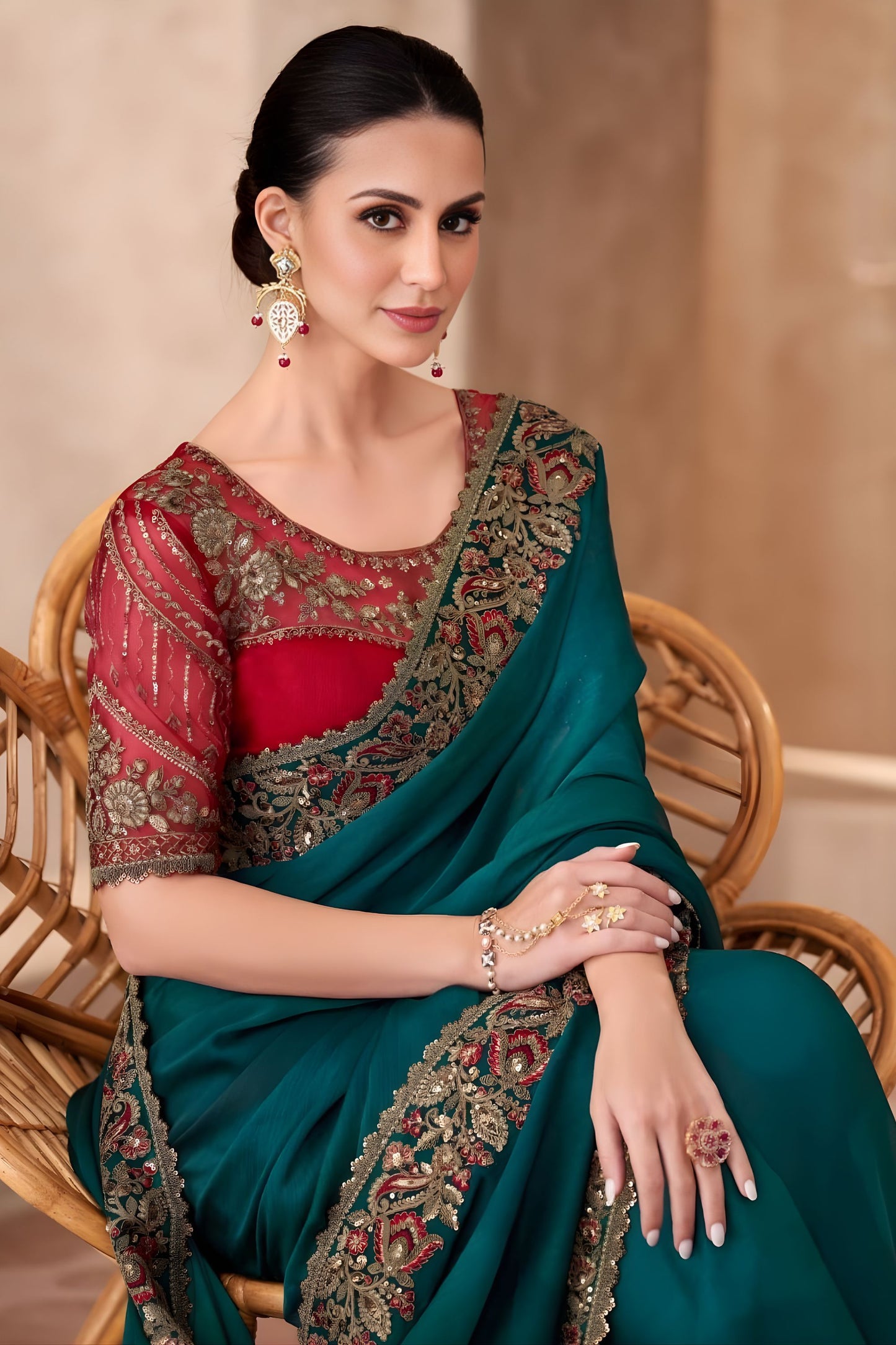 Teal Green Georgette Saree Heavy Embroidered Border Red Blouse