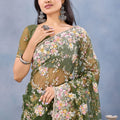 Olive Green Floral Embroidered Net Saree with Designer Border