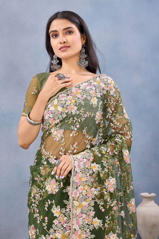 Olive Green Floral Embroidered Net Saree with Designer Border