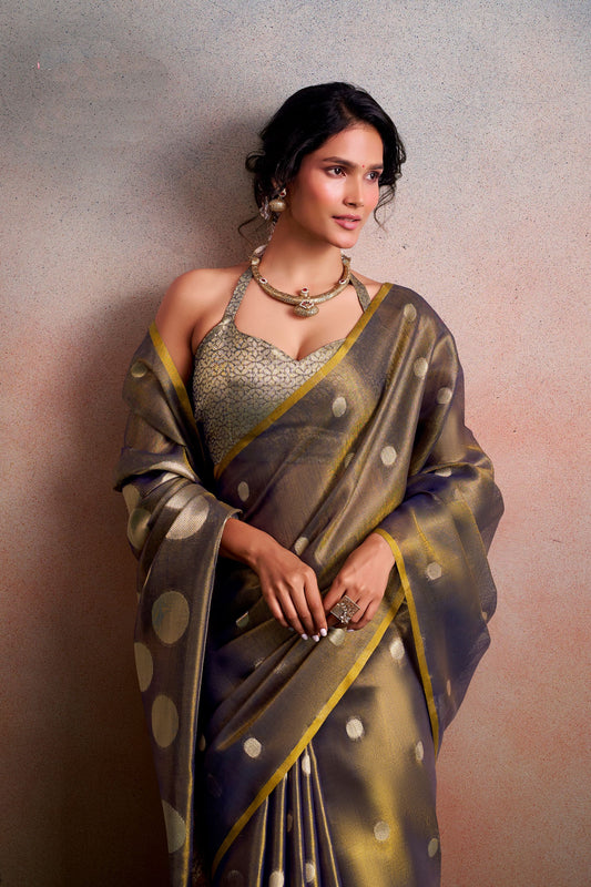 Grey Silk Saree with Golden Zari Polka Dot Weaving Designer Saree