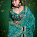 Teal Green Bandhani Saree and Designer Blouse Festive Wear