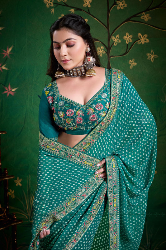 Teal Green Bandhani Saree and Designer Blouse Festive Wear