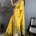Mustard Yellow Linen Cotton Saree Floral Print Pallu