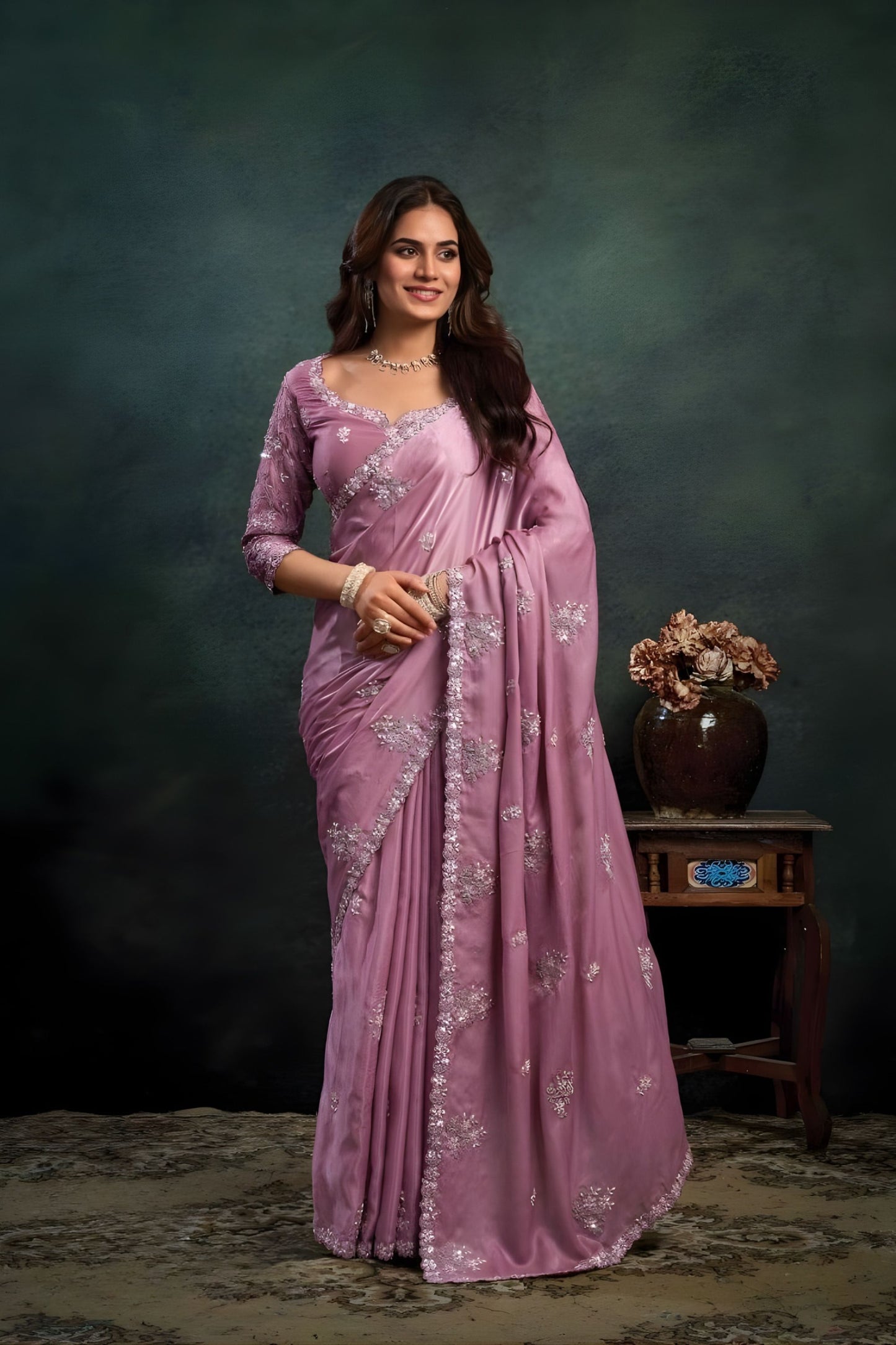 Dusty Pink Satin Silk Saree with Silver Designer Embellished Blouse