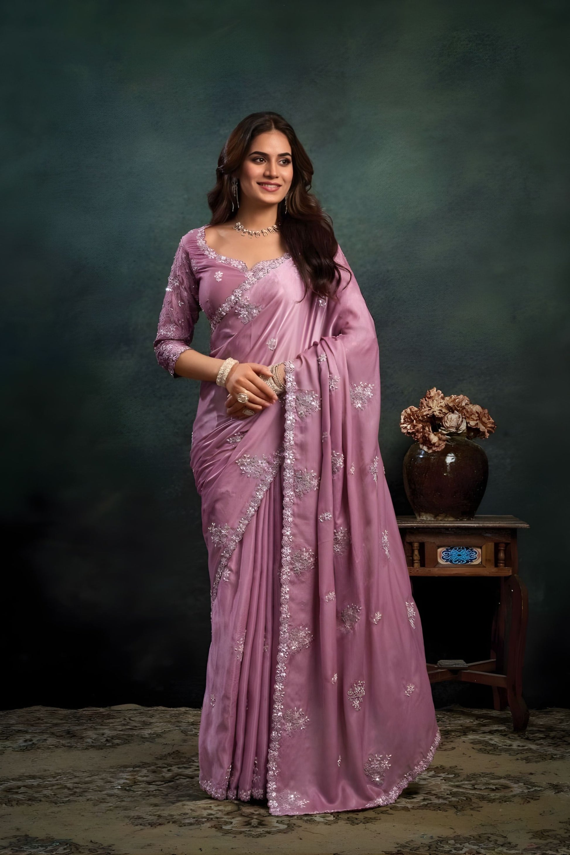 Dusty Pink Satin Silk Saree with Silver Designer Embellished Blouse