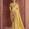 Luxury Mustard Yellow Silk Saree Heavy Floral Embroidered Border 
