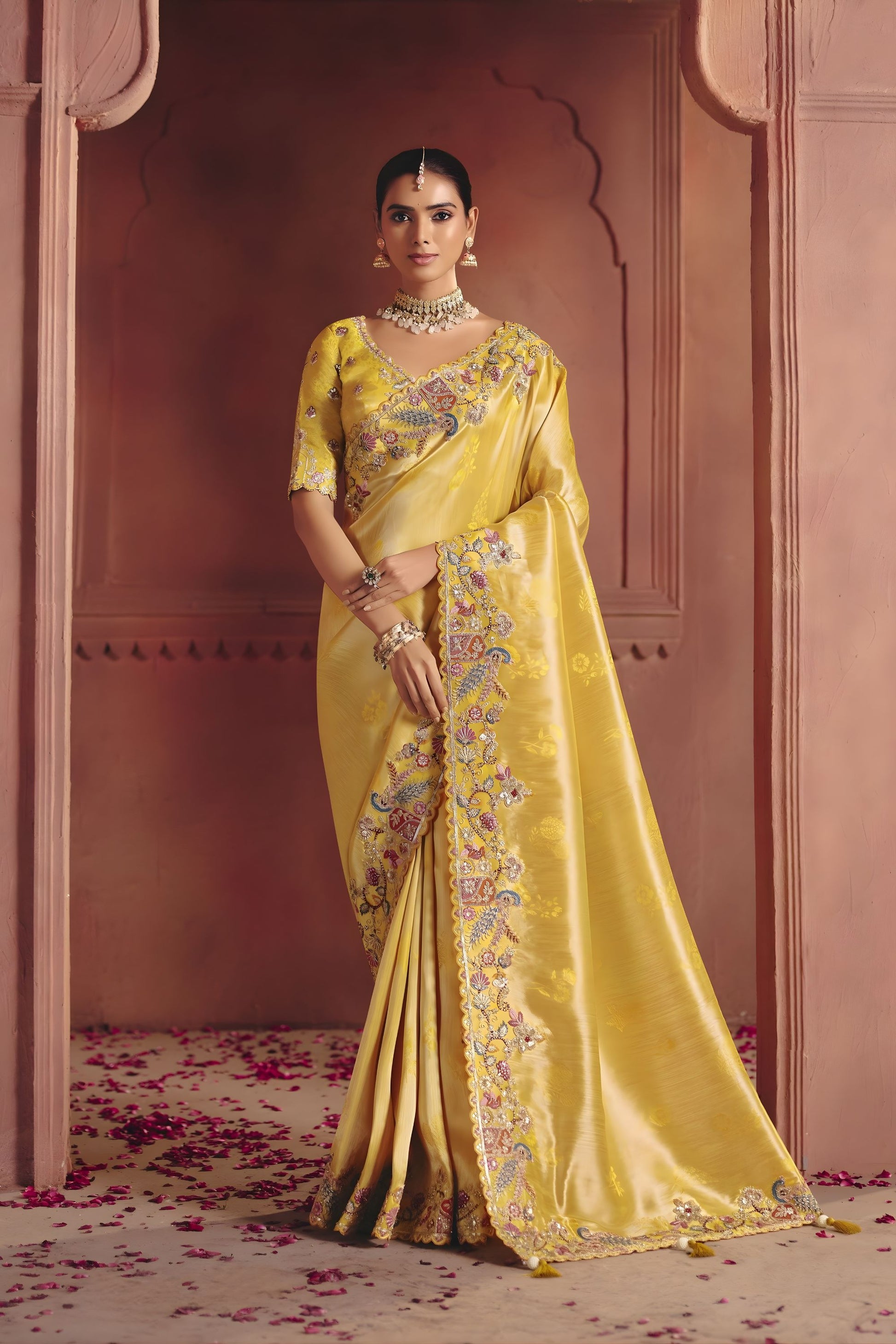 Luxury Mustard Yellow Silk Saree Heavy Floral Embroidered Border 