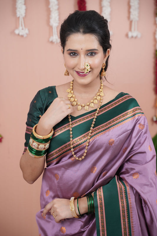 Lavender Silk Saree Dark Green Woven Border Traditional Design