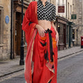 Designer Red and White Linen Cotton Saree Black Polka Dot Print Tassel Pallu