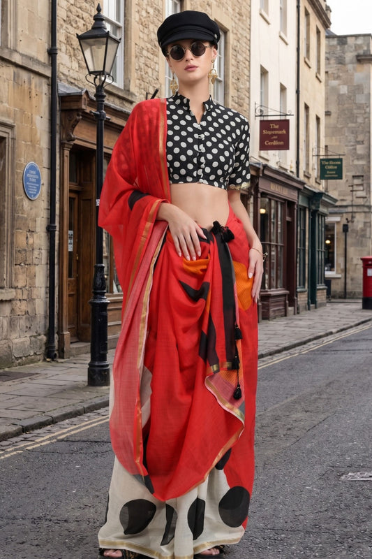 Designer Red and White Linen Cotton Saree Black Polka Dot Print Tassel Pallu