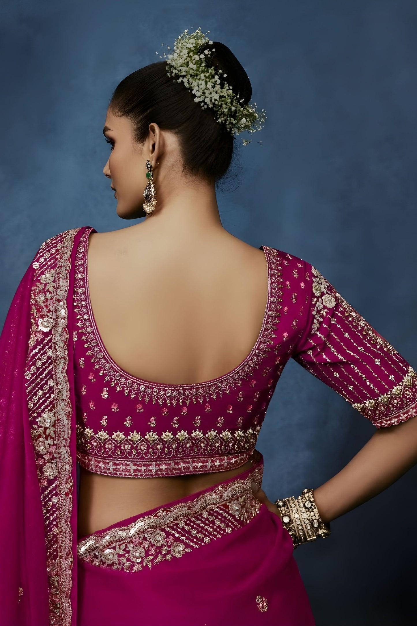 Luxury Rani Pink Embroidered Saree with Designer Blouse