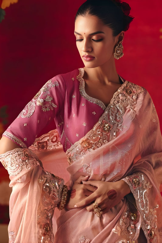 Blush Pink Silk Embroidered Saree Silver Border Mauve Designer Blouse
