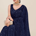 Navy Blue Net Saree with Heavy Sequins Embroidery Designer Blouse