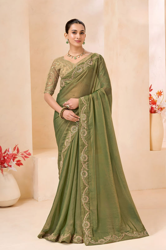 Olive Green Silk Saree with Designer Embroidered Border