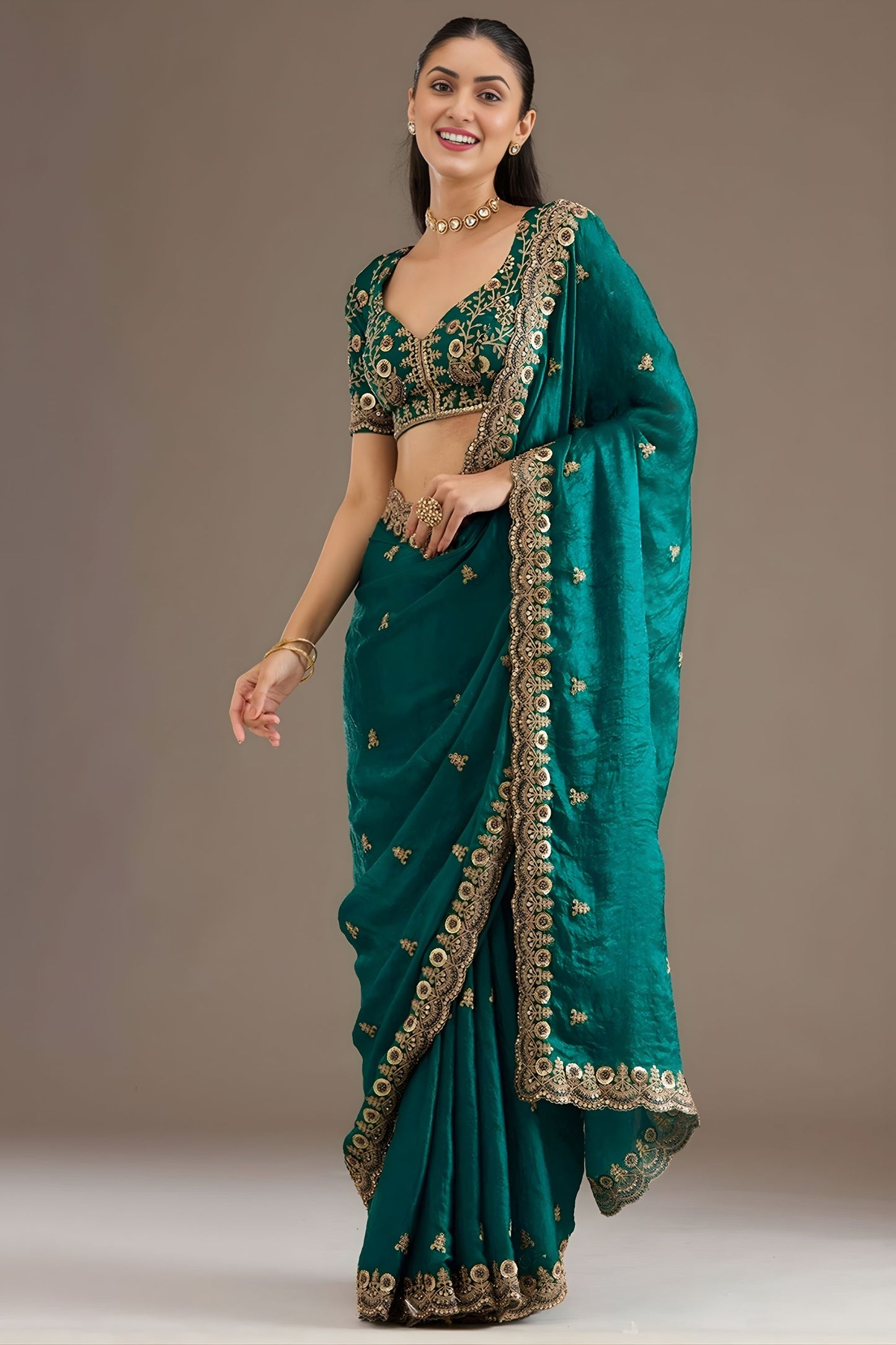 Green Silk Saree with Heavy Zari Embroidered Border Designer Blouse