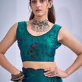 Peacock Green Organza Saree Black Floral Embroidery Designer Saree