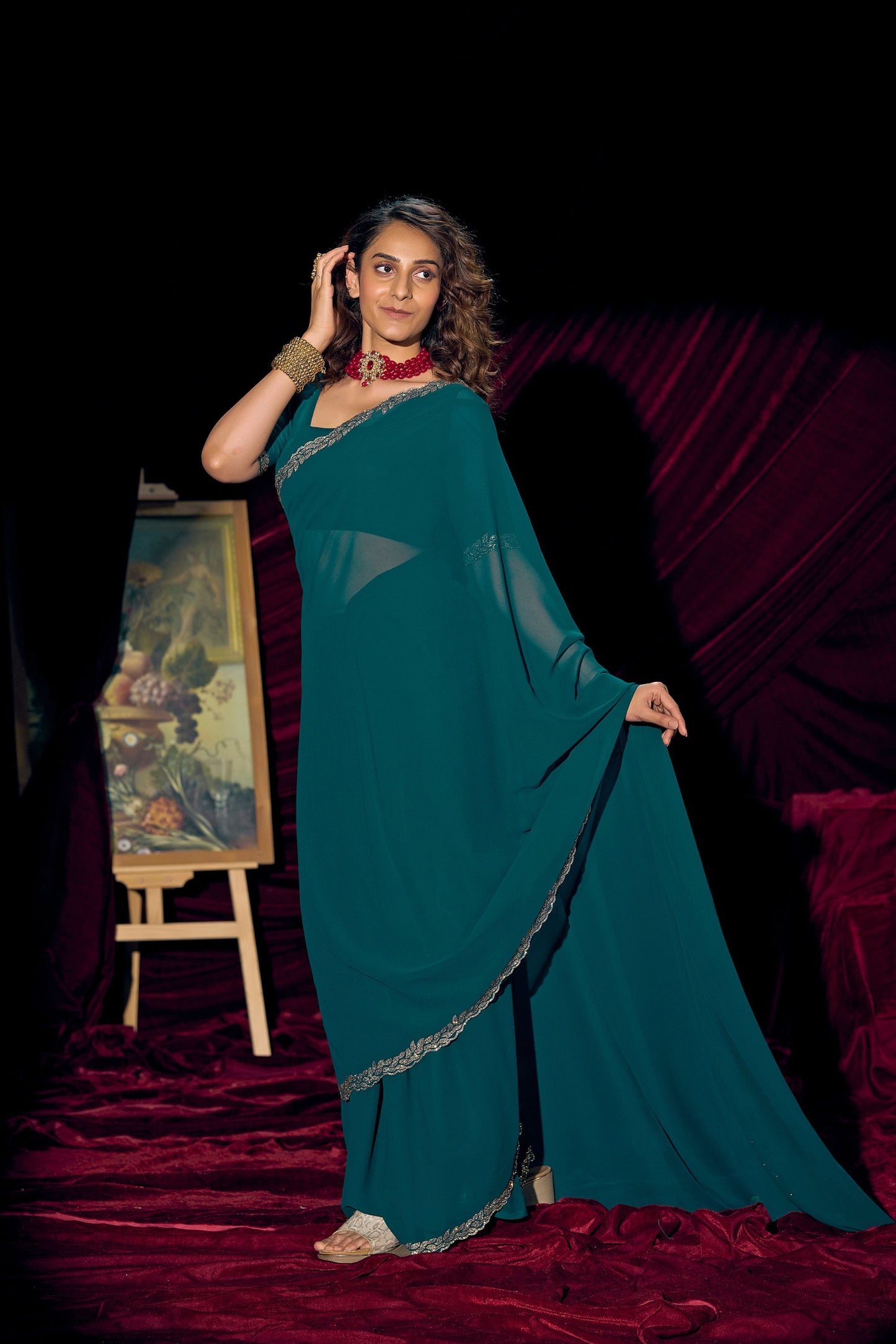 Teal Green Georgette Saree with Embroidered Border Designer Saree