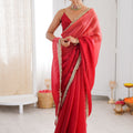 Red Organza Silk Saree with Designer Gold Lace Border Matching Blouse